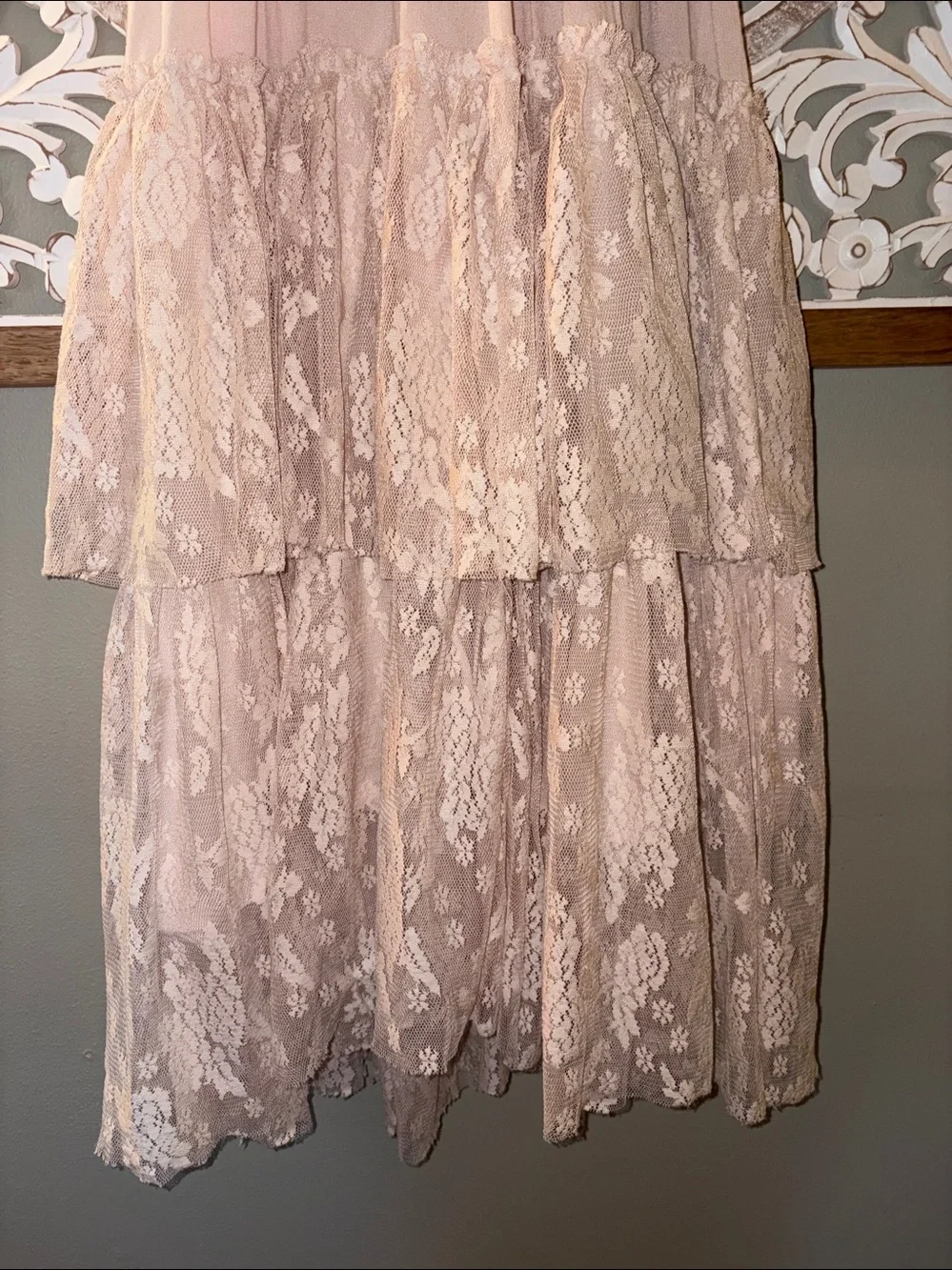 Joyfolie Mia Joy Catrin Boho Lace Tiered Maxi Chiffon Dress Blush sz 12 EUC